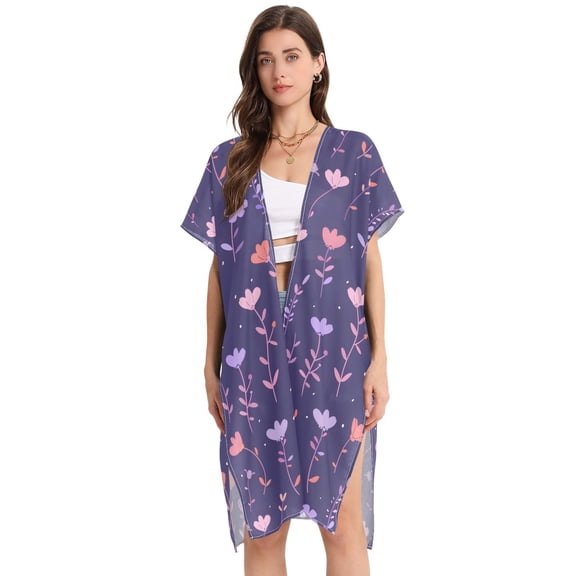 Beach Vacation Clothes Kimono Cardigan Loose Swimsuit Cover Up for Women Pastel Floral Flower M