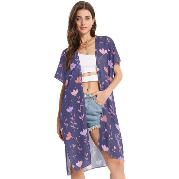 Beach Vacation Clothes Kimono Cardigan Loose Swimsuit Cover Up for Women Pastel Floral Flower S