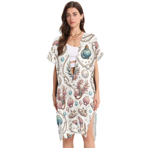 Beach Vacation Clothes Kimono Cardigan Loose Swimsuit Cover Up for Women Pearl Shell Mermaid Plant M