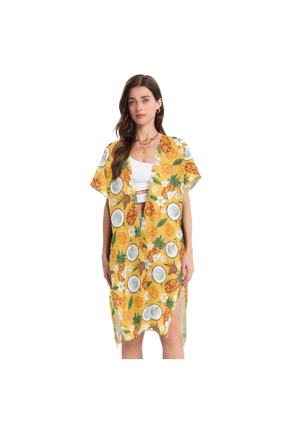 Beach Vacation Clothes Kimono Cardigan Loose Swimsuit Cover Up for Women Pineapple Coconut Orange Flowers M