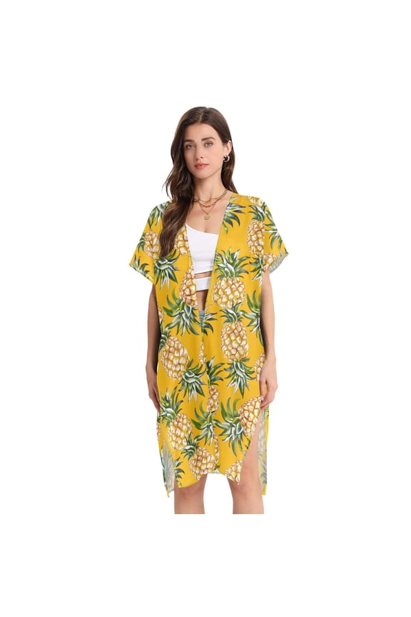 Beach Vacation Clothes Kimono Cardigan Loose Swimsuit Cover Up for Women Pineapple Fruit L