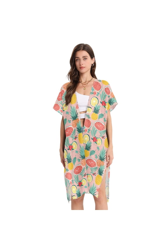 Beach Vacation Clothes Kimono Cardigan Loose Swimsuit Cover Up for Women Pineapple Watermelon Orange L