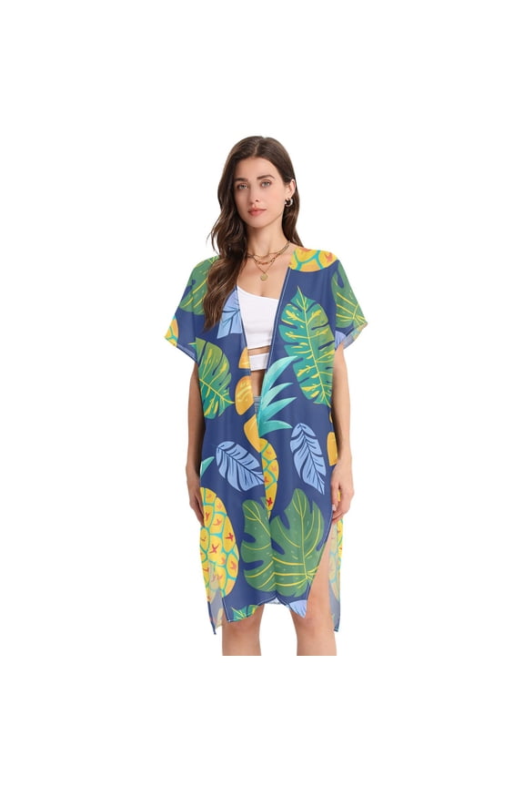 Beach Vacation Clothes Kimono Cardigan Loose Swimsuit Cover Up for Women Pineapple and Tropical Leaf L