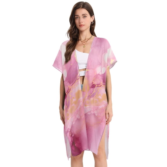 Beach Vacation Clothes Kimono Cardigan Loose Swimsuit Cover Up for Women Pink Gold Marble L