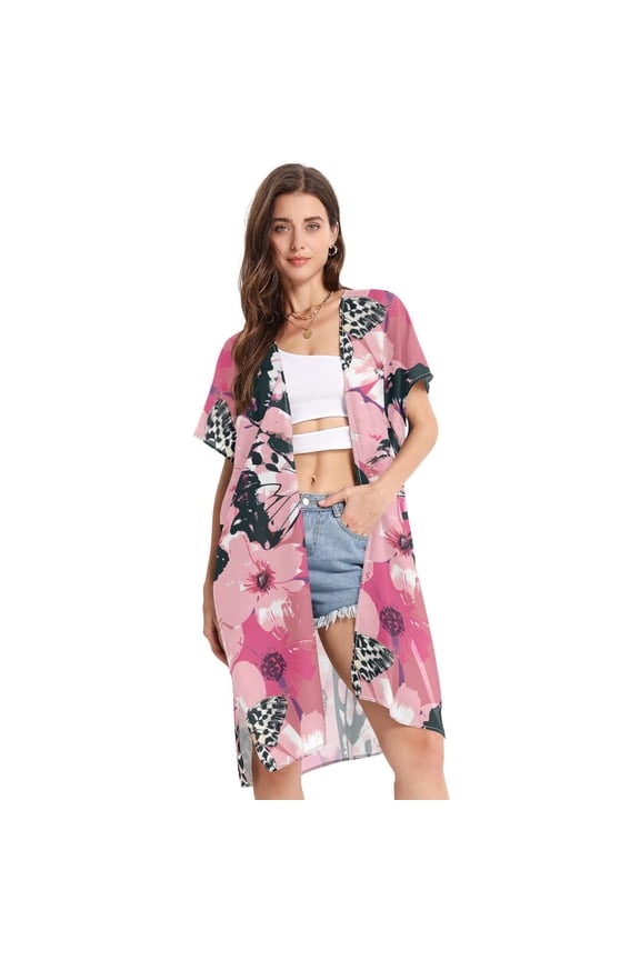 Beach Vacation Clothes Kimono Cardigan Loose Swimsuit Cover Up for Women Pink Leopard Butterfly S