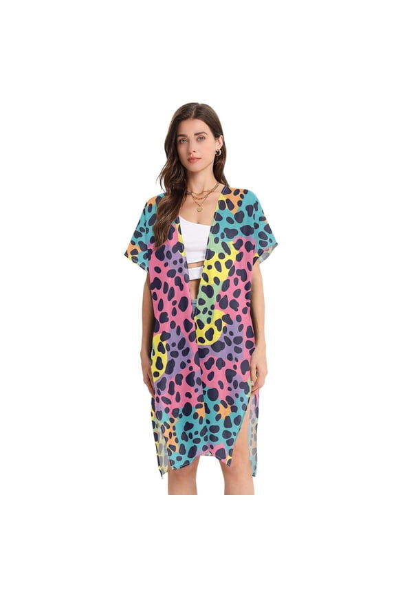 Beach Vacation Clothes Kimono Cardigan Loose Swimsuit Cover Up for Women Polychrome Leopard M