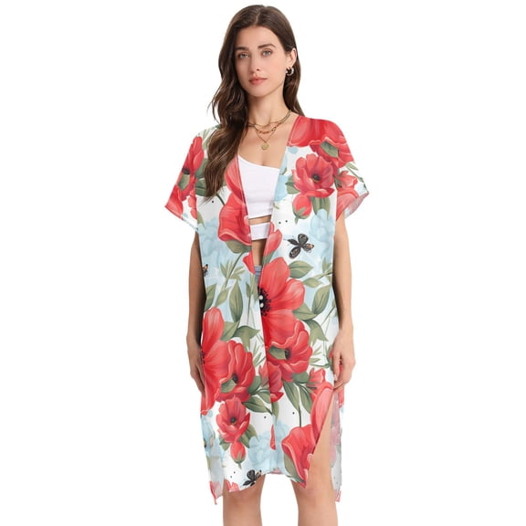 Beach Vacation Clothes Kimono Cardigan Loose Swimsuit Cover Up for Women Poppies Flower and Butterflies M