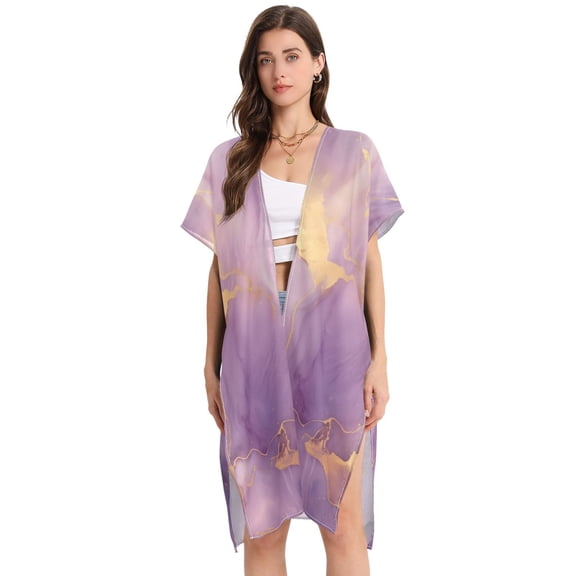 Beach Vacation Clothes Kimono Cardigan Loose Swimsuit Cover Up for Women Purple Lilac Marble M