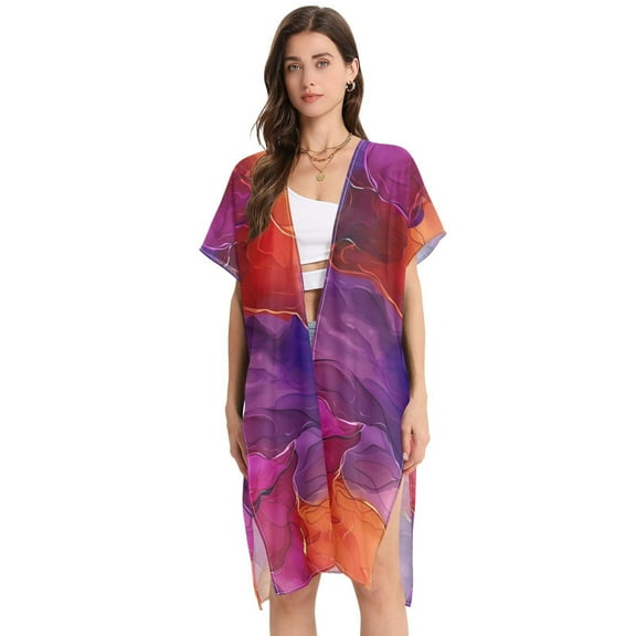 Beach Vacation Clothes Kimono Cardigan Loose Swimsuit Cover Up for Women Rainbow Marble L