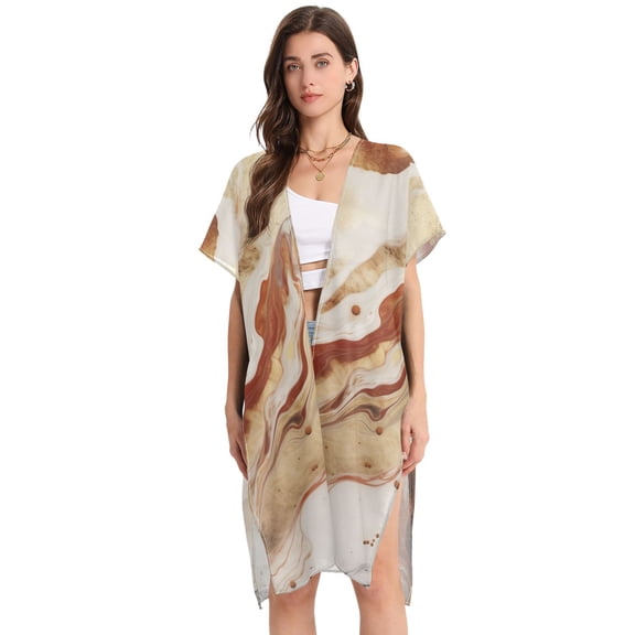 Beach Vacation Clothes Kimono Cardigan Loose Swimsuit Cover Up for Women Red Gold White Marble L