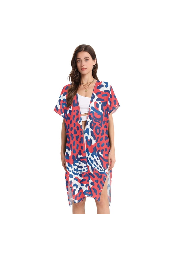 Beach Vacation Clothes Kimono Cardigan Loose Swimsuit Cover Up for Women Red Leopard M