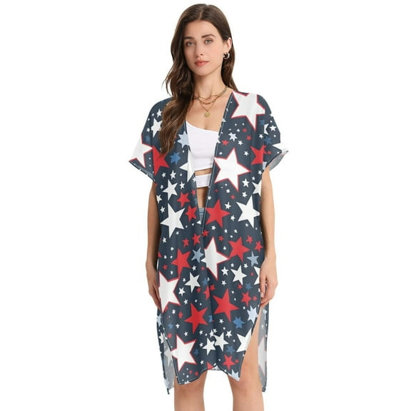 Beach Vacation Clothes Kimono Cardigan Loose Swimsuit Cover Up for Women Red White Blue Stars M