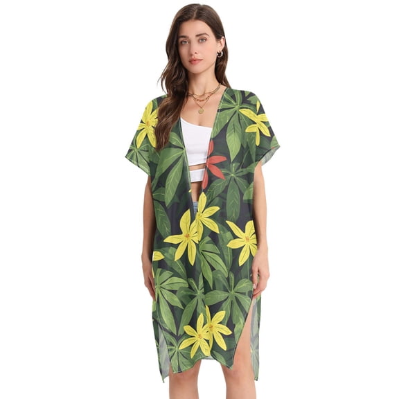 Beach Vacation Clothes Kimono Cardigan Loose Swimsuit Cover Up for Women Red Yellow Flower and Leaves L