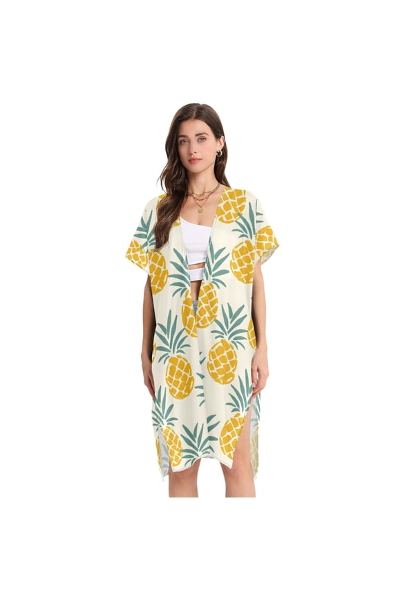Beach Vacation Clothes Kimono Cardigan Loose Swimsuit Cover Up for Women Retro Pineapples M