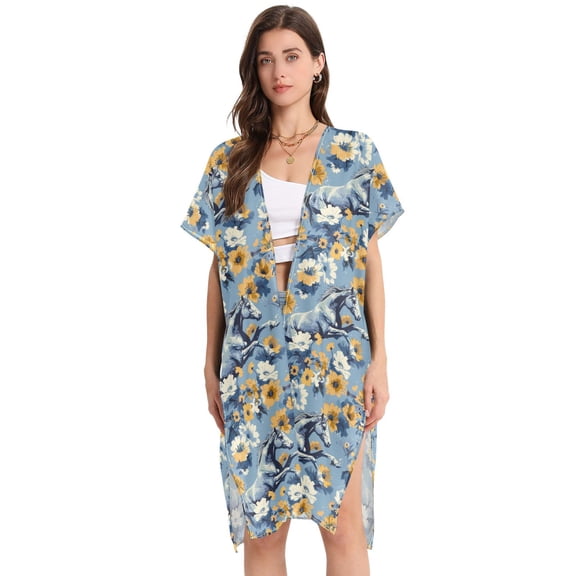 Beach Vacation Clothes Kimono Cardigan Loose Swimsuit Cover Up for Women Running Horse and Flower L