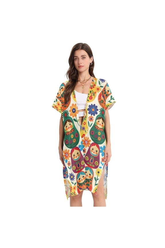 Beach Vacation Clothes Kimono Cardigan Loose Swimsuit Cover Up for Women Russian Matryoshka M
