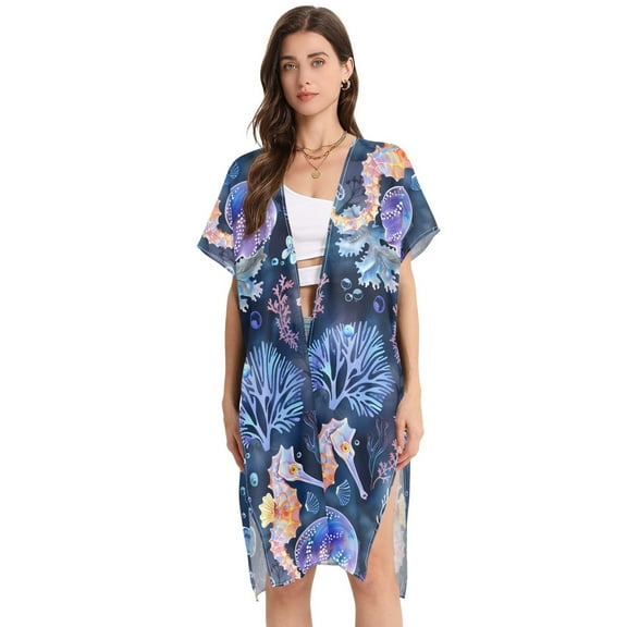 Beach Vacation Clothes Kimono Cardigan Loose Swimsuit Cover Up for Women Seahorse Jellyfish Coral M