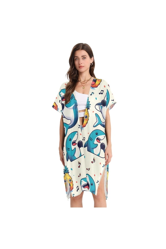 Beach Vacation Clothes Kimono Cardigan Loose Swimsuit Cover Up for Women Shark Pineapple Music Notes M