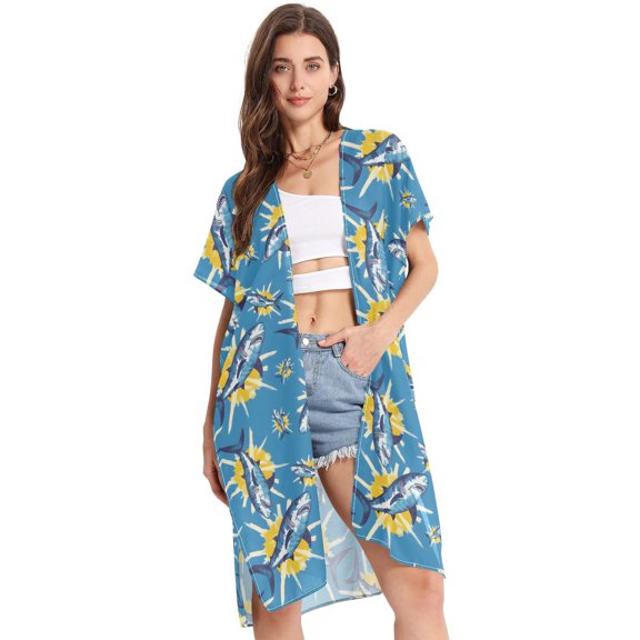 Beach Vacation Clothes Kimono Cardigan Loose Swimsuit Cover Up for Women Sharks and Tie Dye S