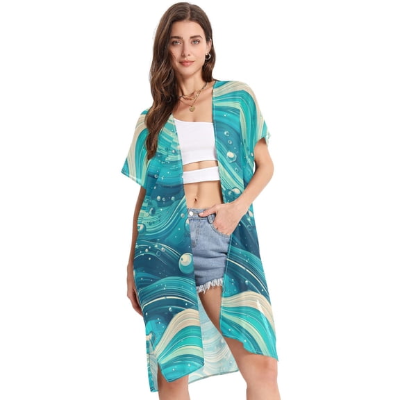 Beach Vacation Clothes Kimono Cardigan Loose Swimsuit Cover Up for Women Shining Blue Wave S