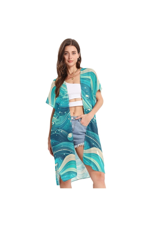 Beach Vacation Clothes Kimono Cardigan Loose Swimsuit Cover Up for Women Shining Blue Wave S