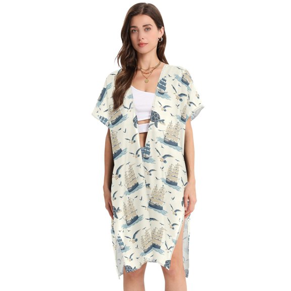 Beach Vacation Clothes Kimono Cardigan Loose Swimsuit Cover Up for Women Ship Seagull Turtle M