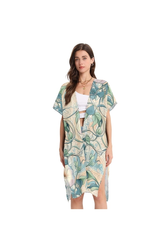 Beach Vacation Clothes Kimono Cardigan Loose Swimsuit Cover Up for Women Soft Pastel Morning Glory Flowers L