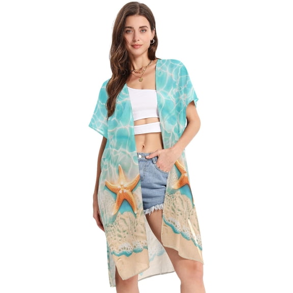 Beach Vacation Clothes Kimono Cardigan Loose Swimsuit Cover Up for Women Starfish with Blue Sea S