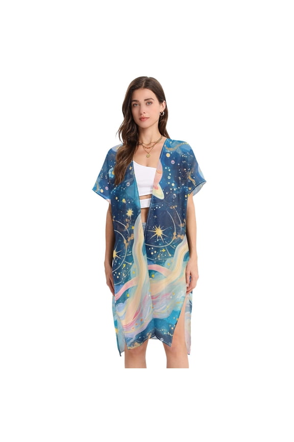 Beach Vacation Clothes Kimono Cardigan Loose Swimsuit Cover Up for Women Starry Sky and Planet M