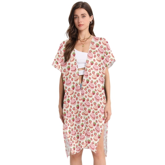 Beach Vacation Clothes Kimono Cardigan Loose Swimsuit Cover Up for Women Strawberry Cakes M
