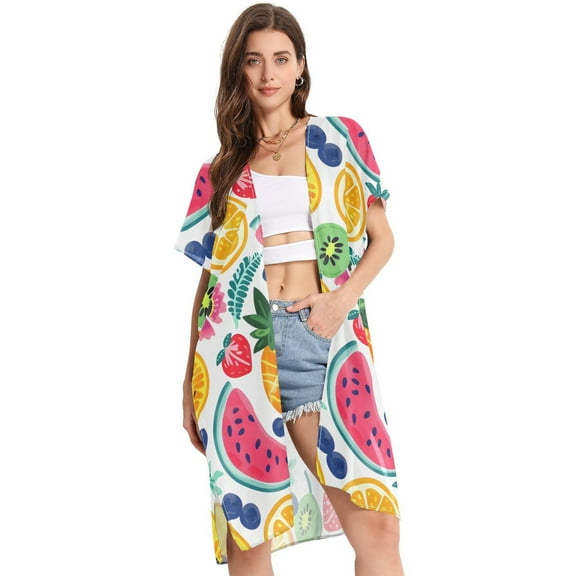 Beach Vacation Clothes Kimono Cardigan Loose Swimsuit Cover Up for Women Summer Tropical Fruits S