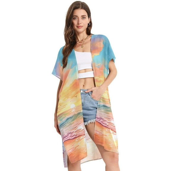 Beach Vacation Clothes Kimono Cardigan Loose Swimsuit Cover Up for Women Sunset Beach Wave S