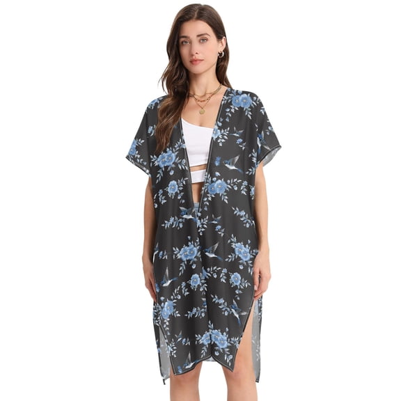 Beach Vacation Clothes Kimono Cardigan Loose Swimsuit Cover Up for Women Swallows Birds and Flowers M