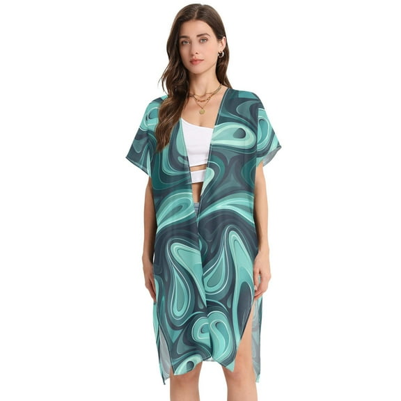 Beach Vacation Clothes Kimono Cardigan Loose Swimsuit Cover Up for Women Swirling Liquid Shapes L