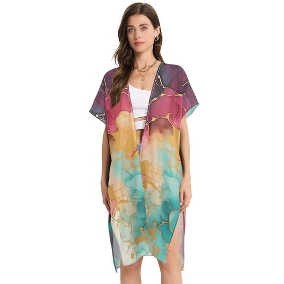 Beach Vacation Clothes Kimono Cardigan Loose Swimsuit Cover Up for Women Teal Magenta Marble L