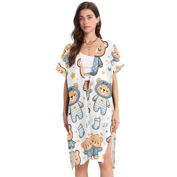 Beach Vacation Clothes Kimono Cardigan Loose Swimsuit Cover Up for Women Teddy Bear and Moon L