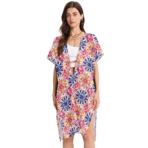 Beach Vacation Clothes Kimono Cardigan Loose Swimsuit Cover Up for Women Tie Dye Flowers L