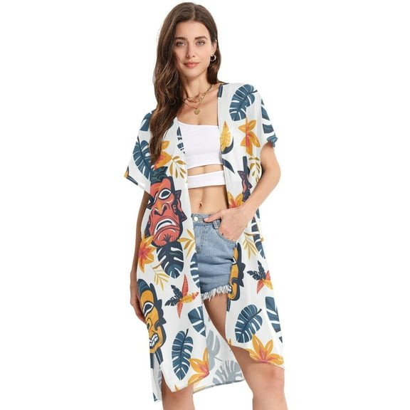 Beach Vacation Clothes Kimono Cardigan Loose Swimsuit Cover Up for Women Tropical Mask Leaf S