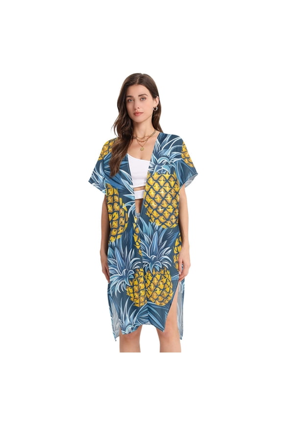 Beach Vacation Clothes Kimono Cardigan Loose Swimsuit Cover Up for Women Tropical Pineapple L