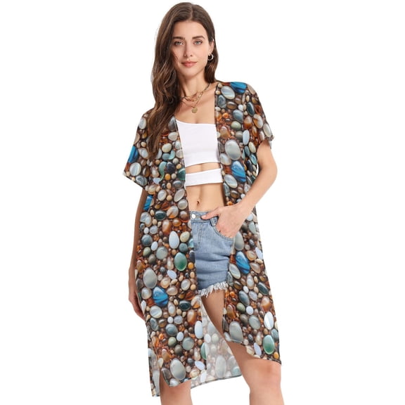 Beach Vacation Clothes Kimono Cardigan Loose Swimsuit Cover Up for Women Various Shape Pebbles S