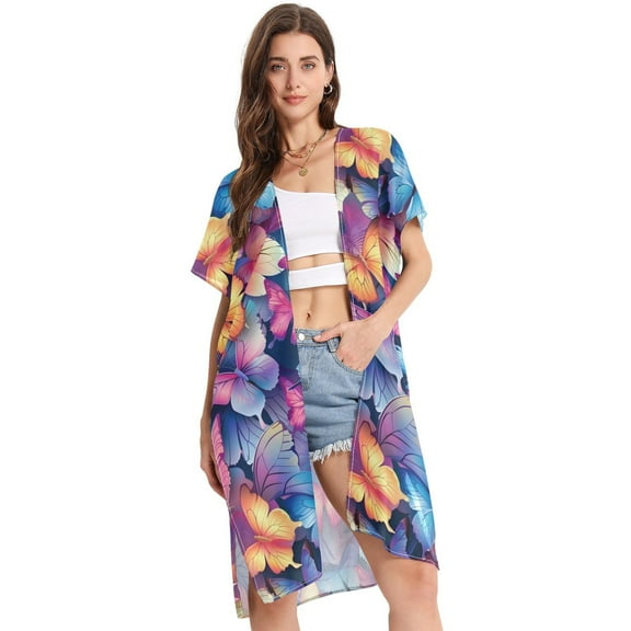 Beach Vacation Clothes Kimono Cardigan Loose Swimsuit Cover Up for Women Vibrant Butterflies S