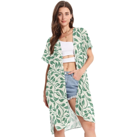 Beach Vacation Clothes Kimono Cardigan Loose Swimsuit Cover Up for Women Vintage Green Leaves S