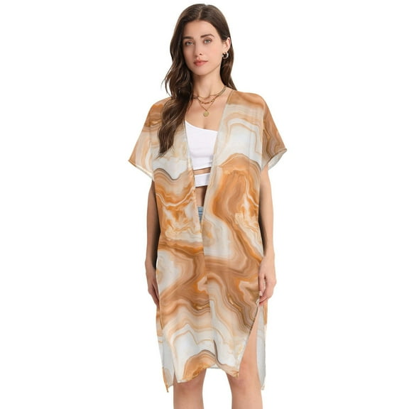 Beach Vacation Clothes Kimono Cardigan Loose Swimsuit Cover Up for Women Warm Brown and White Marble L