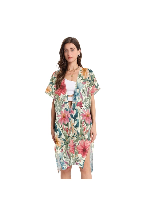 Beach Vacation Clothes Kimono Cardigan Loose Swimsuit Cover Up for Women Watercolor Blooming Wildflowers M