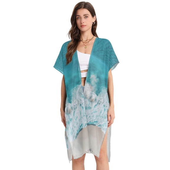 Beach Vacation Clothes Kimono Cardigan Loose Swimsuit Cover Up for Women Waves and Beach L