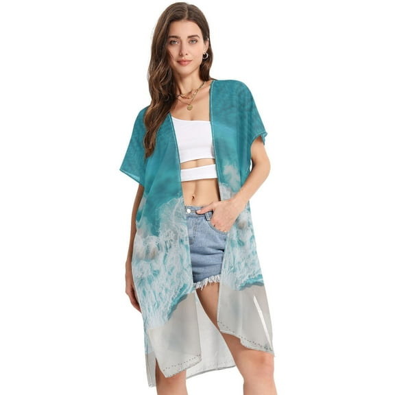 Beach Vacation Clothes Kimono Cardigan Loose Swimsuit Cover Up for Women Waves and Beach S