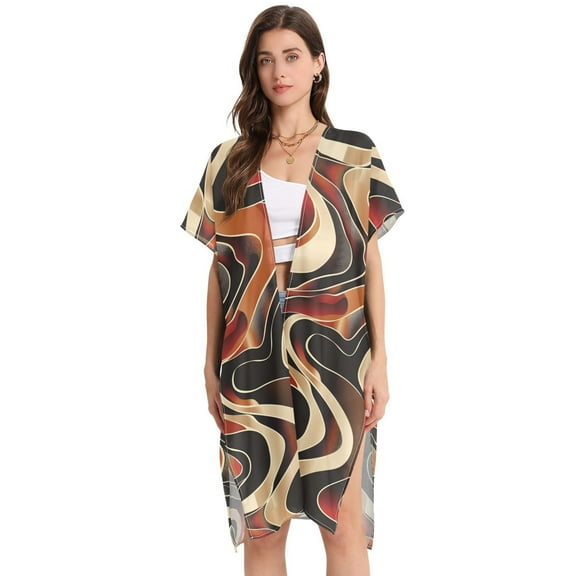 Beach Vacation Clothes Kimono Cardigan Loose Swimsuit Cover Up for Women Wavy Line L