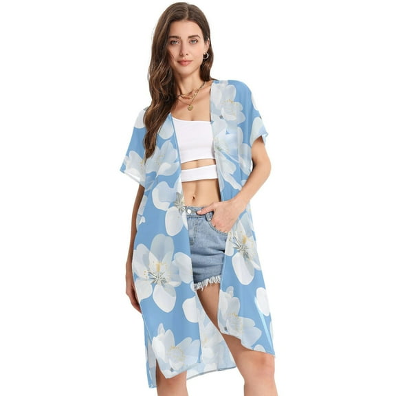 Beach Vacation Clothes Kimono Cardigan Loose Swimsuit Cover Up for Women White Flowers S