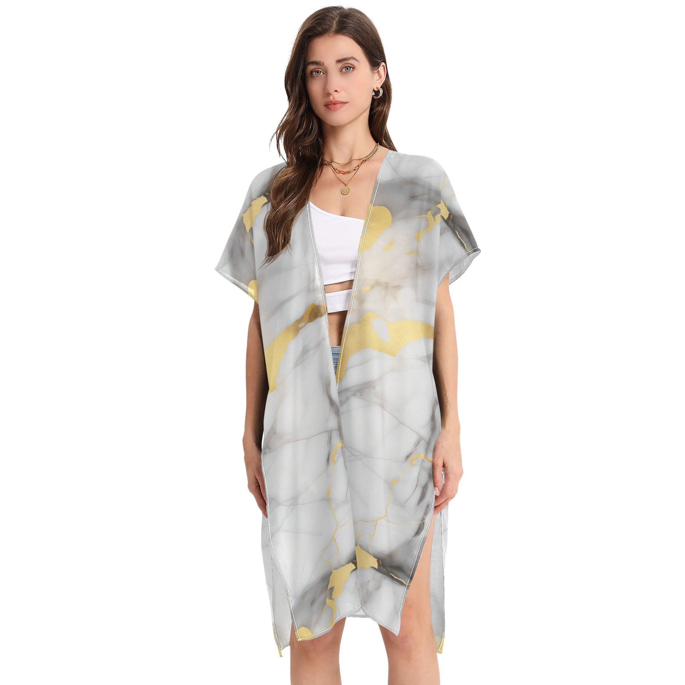 Jessica McClintock Women's Sheer Kimono Cover Up - Scallop Stone & Rhinestone Trim Beach Cardigan | Teal Silver Swimsuit Cover - View #12