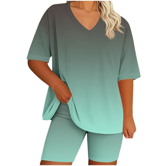 Beach Vacation Clothes for Women New Womens Plus Size Lounge Set 2 Piece Outfits Short Sleeve Tops Matching Shorts Summer Comfy Oversized Clothes Green L